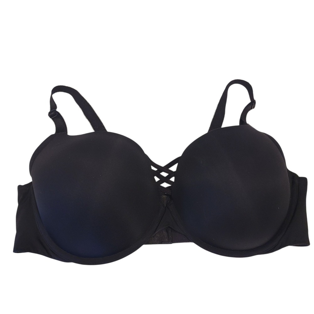 Torrid XO Plunge Push-Up Bra 42DD Black Strappy Lattice Front Underwire